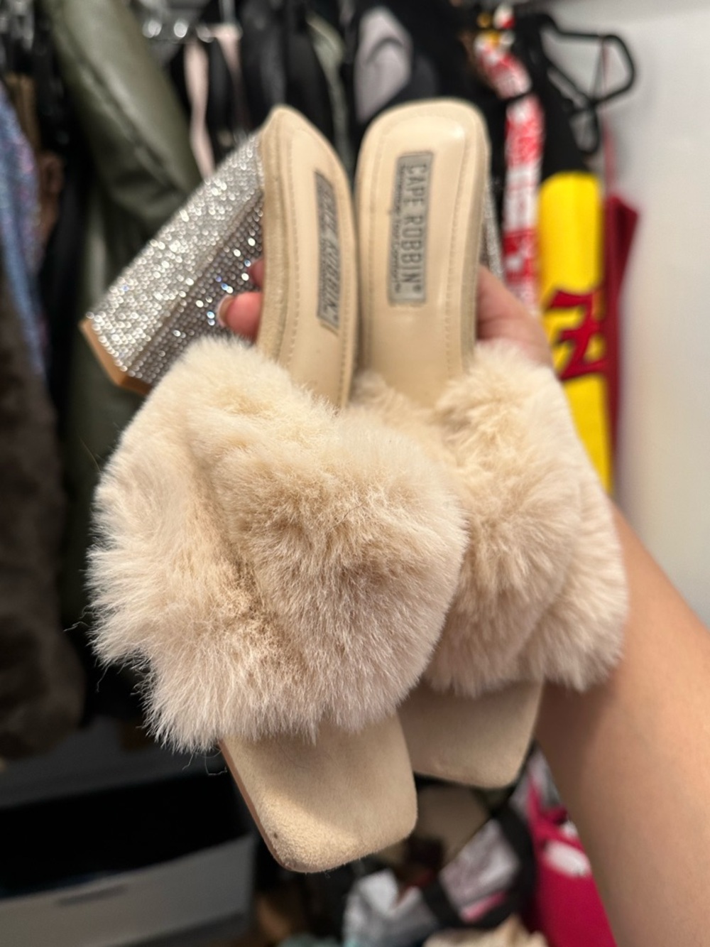 Faux Fur Slide Heels with Rhinestone Block Heel - Beige - Picture 2 of 3